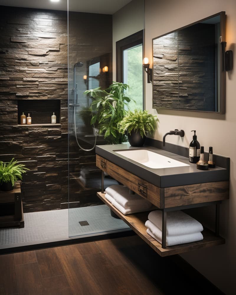 baño decorado con piedra y madera