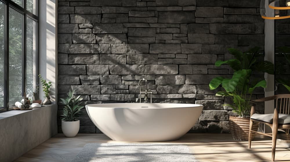 baño con pared de piedra